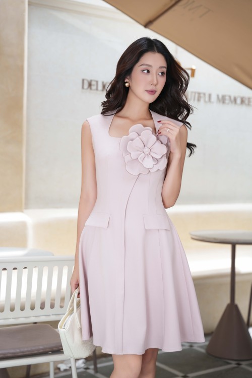 Sixdo Light Beige 3D Woven Flared Dress